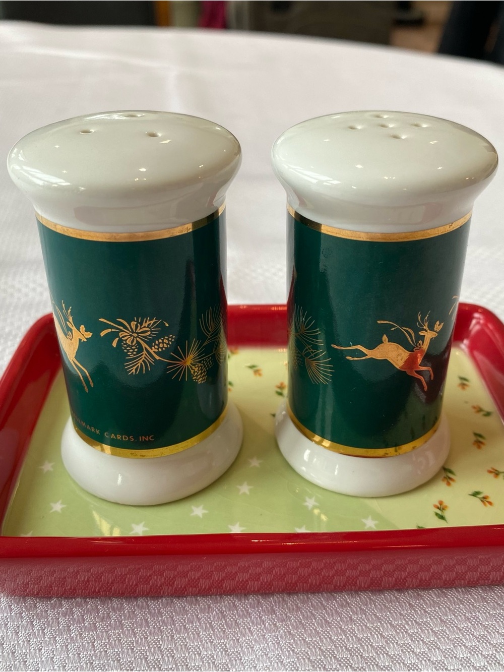 Vintage 1980s Hallmark Green & Gold Reindeer Christmas Salt & Pepper Shaker Set